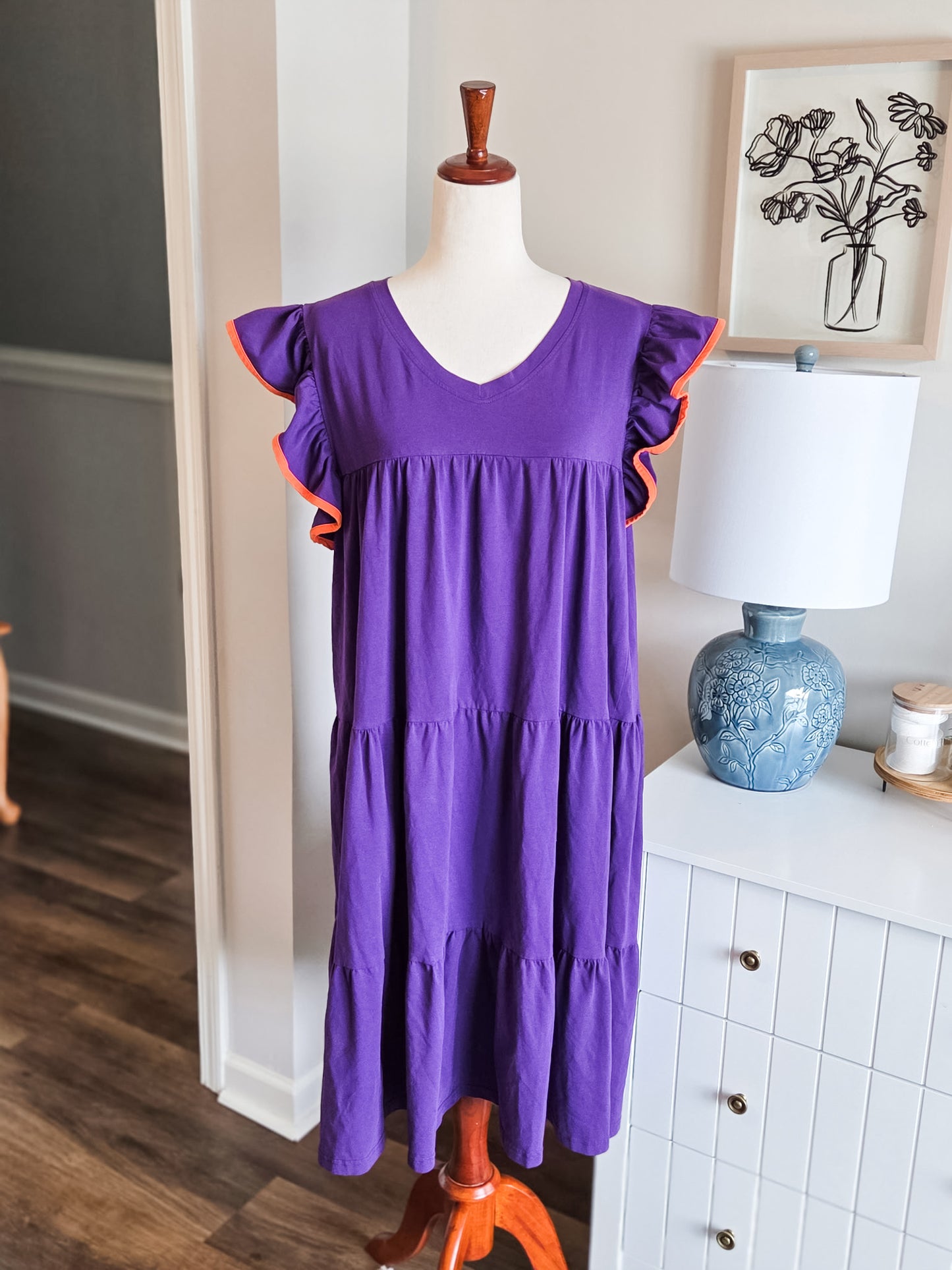 Purple Ruffled Orange Trim Dress L