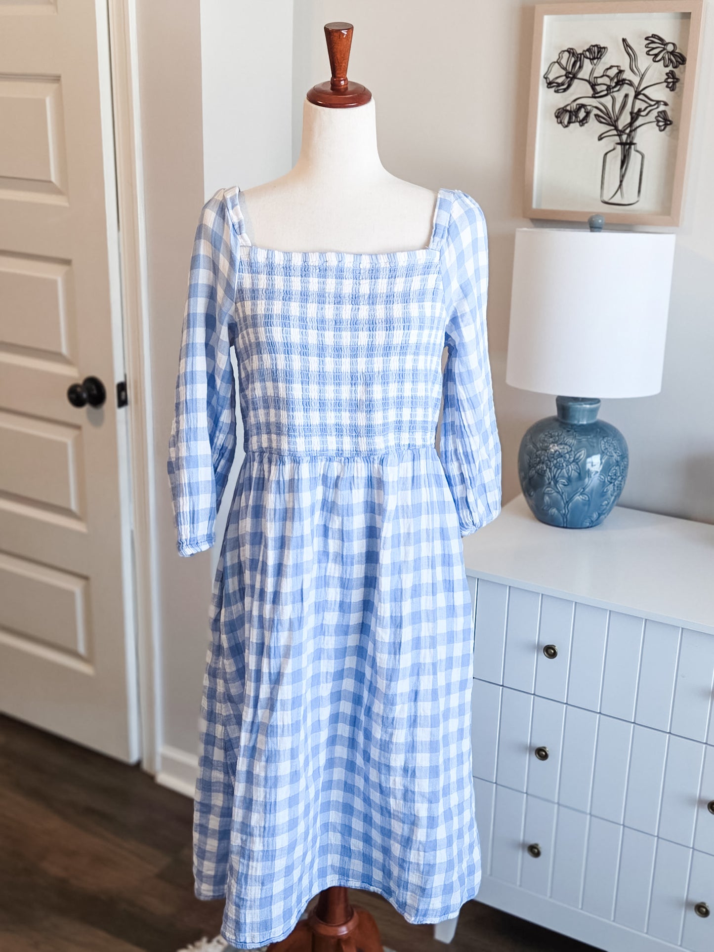 Blue White Cotton Gingham Dress L