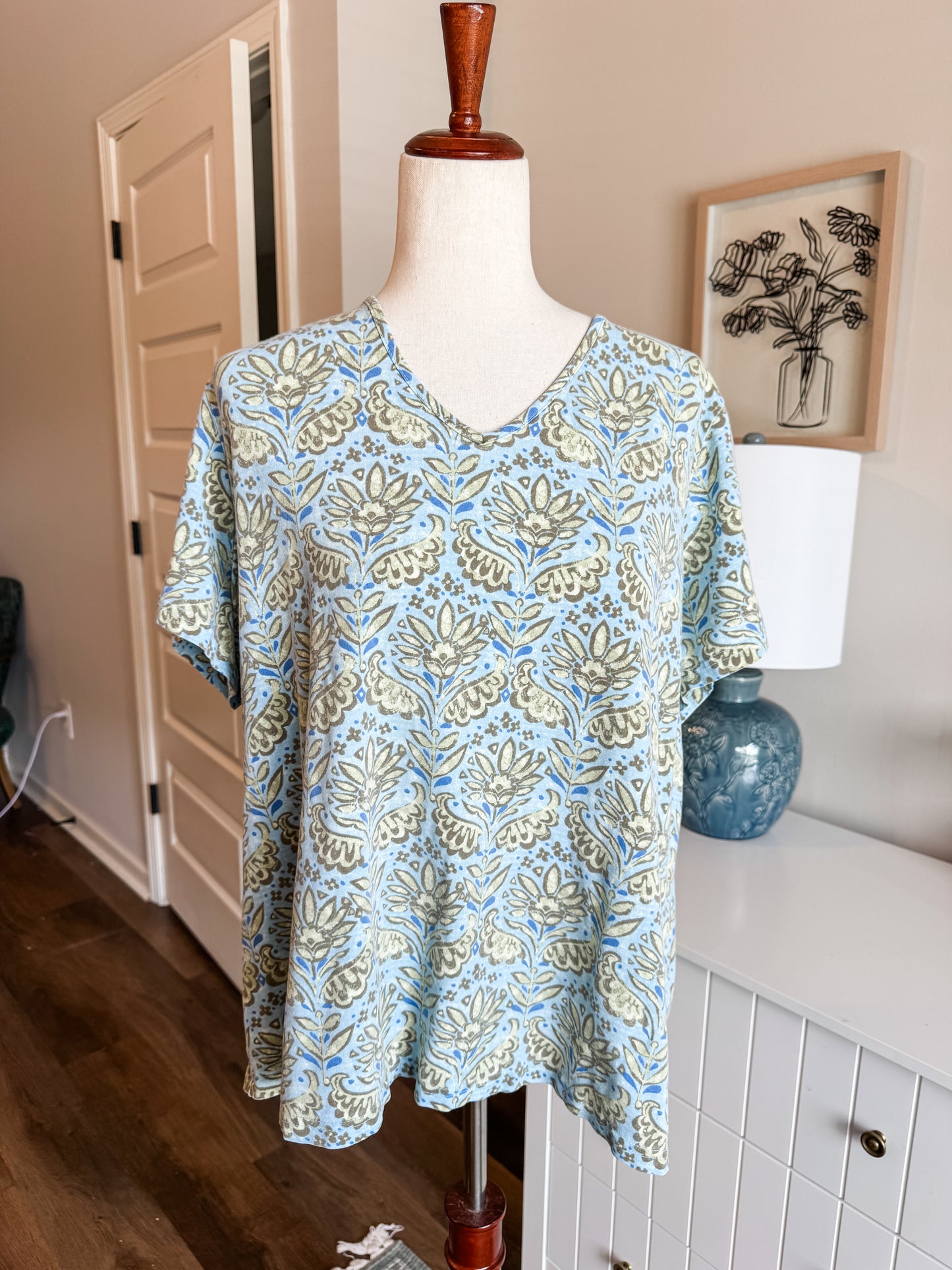 Blue Green Brown Print Cotton Tee 2X