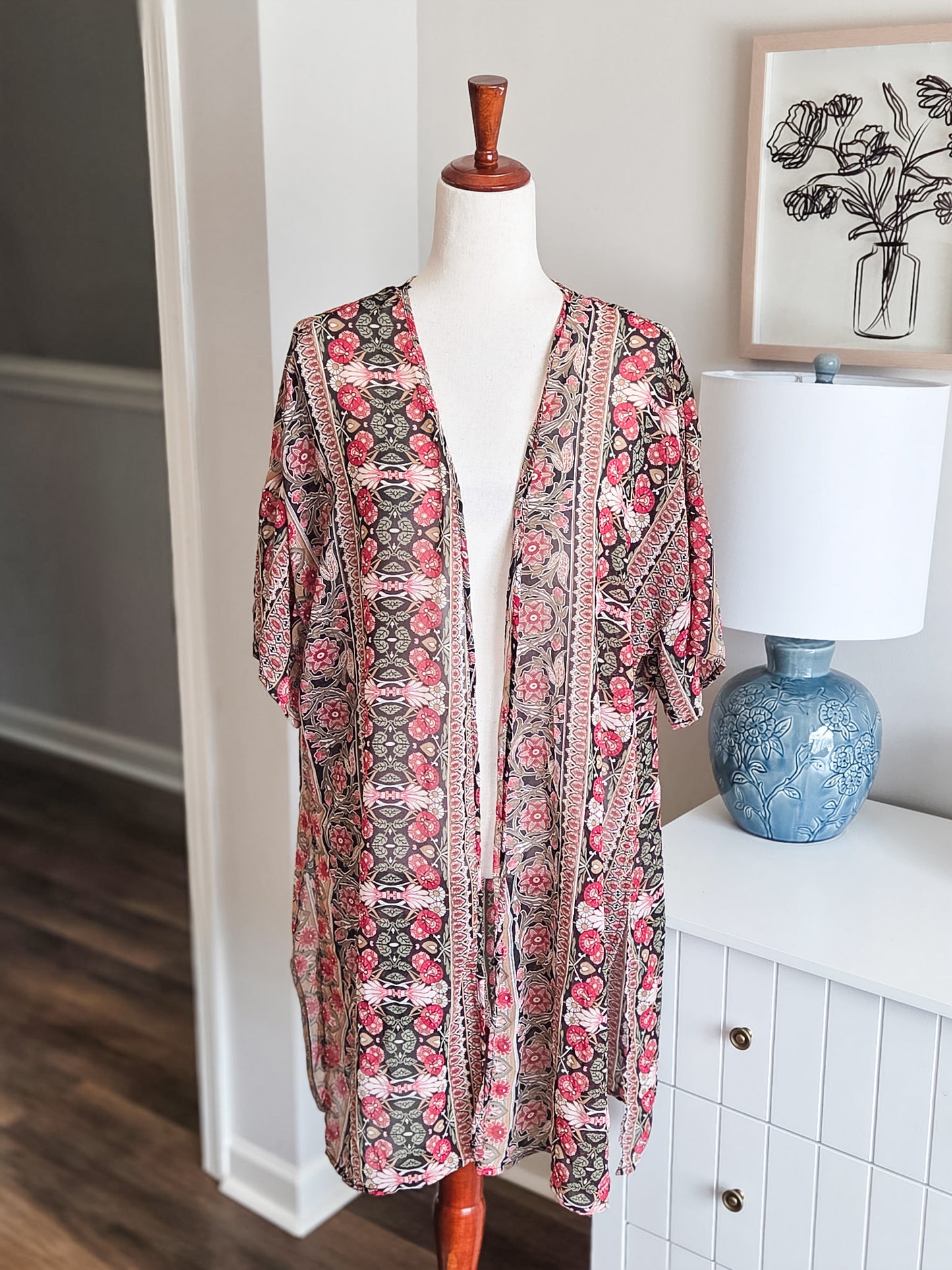 Black Red Green Brown Floral Kimono M