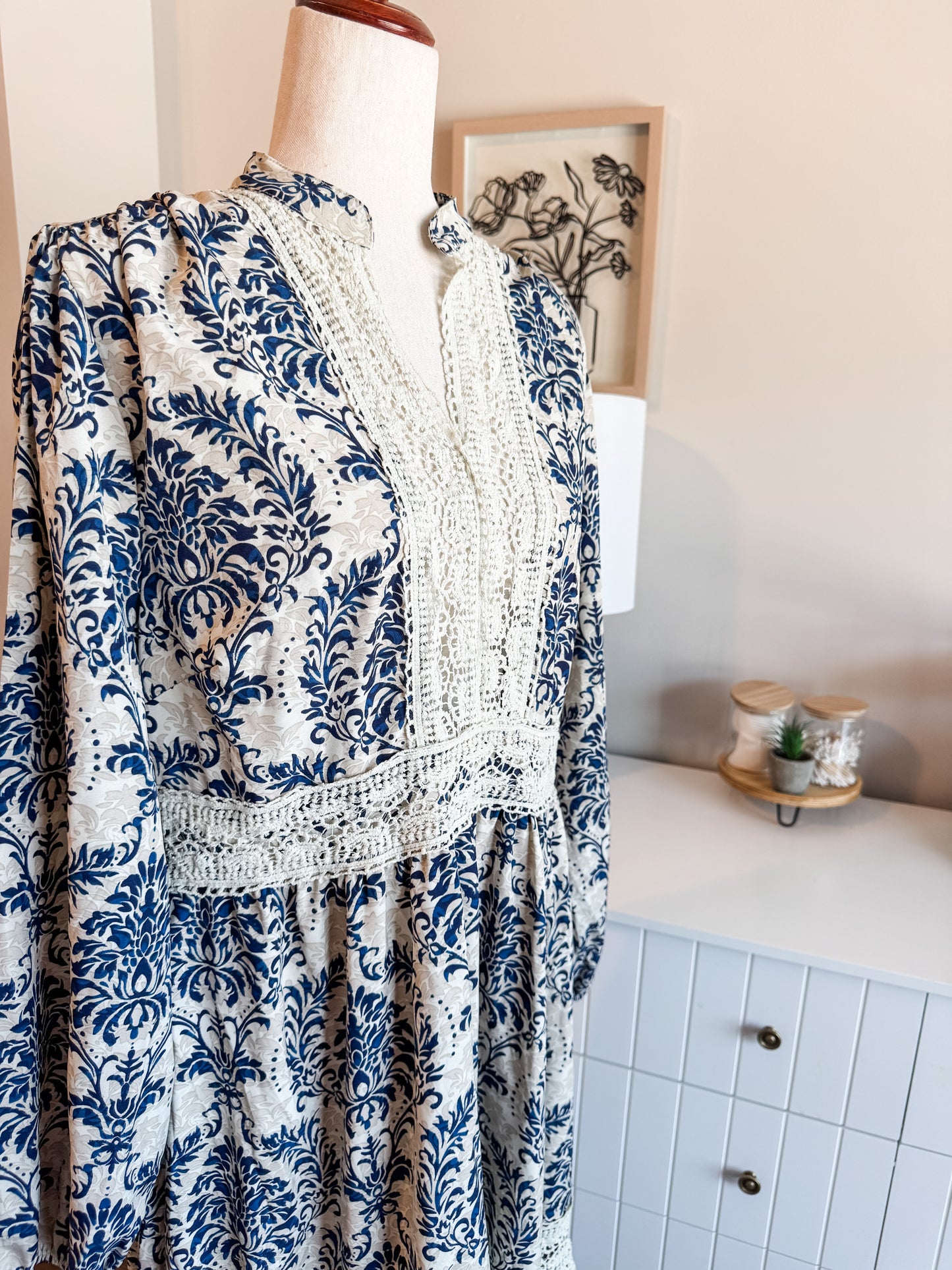 Navy Cream Print Maxi Dress L/XL