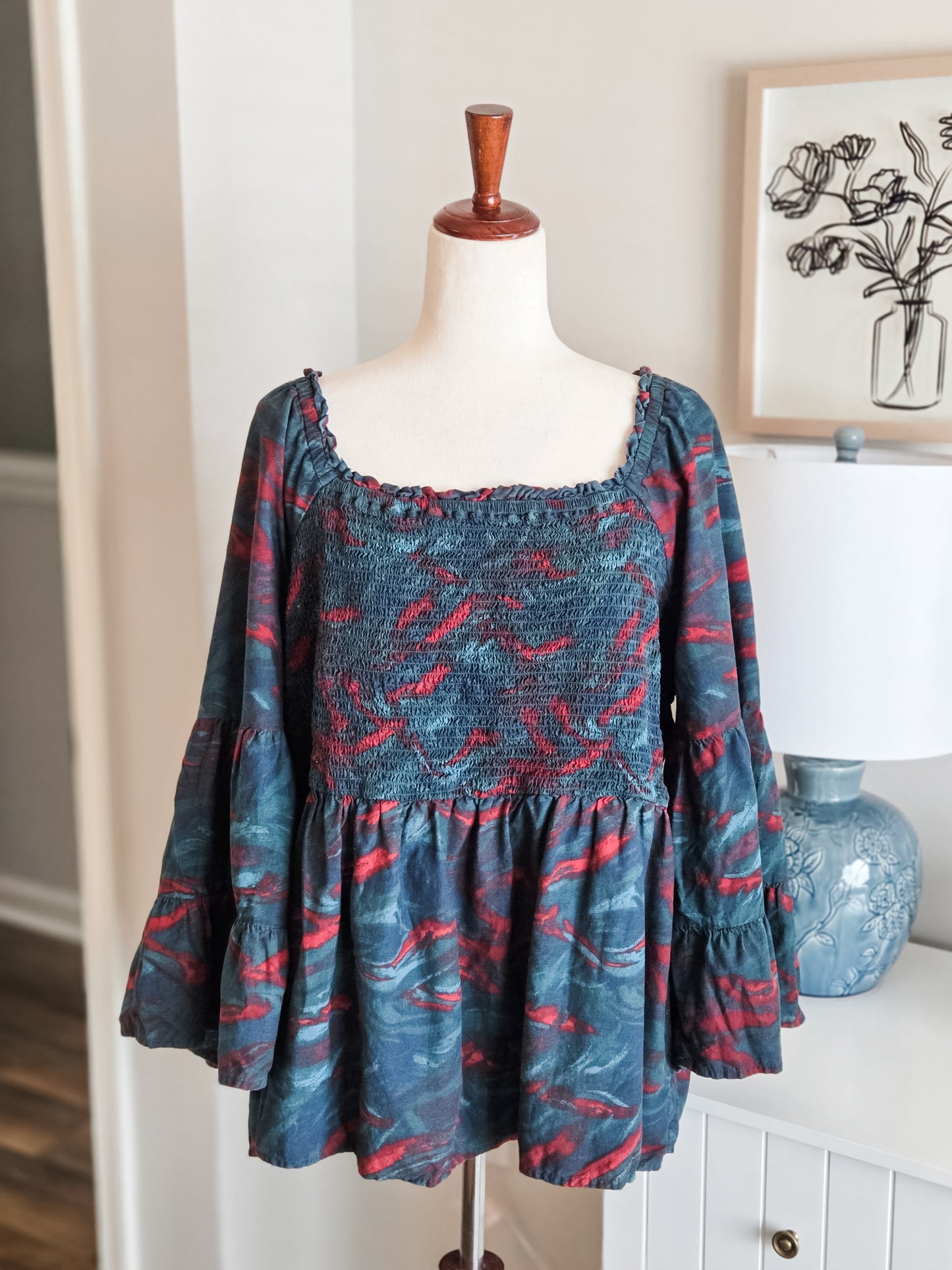 Teal Rust Navy Print Top 2X