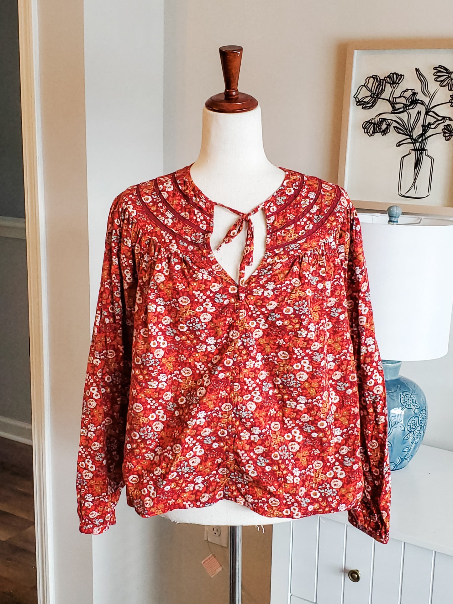 Red Orange Floral Blouse XS