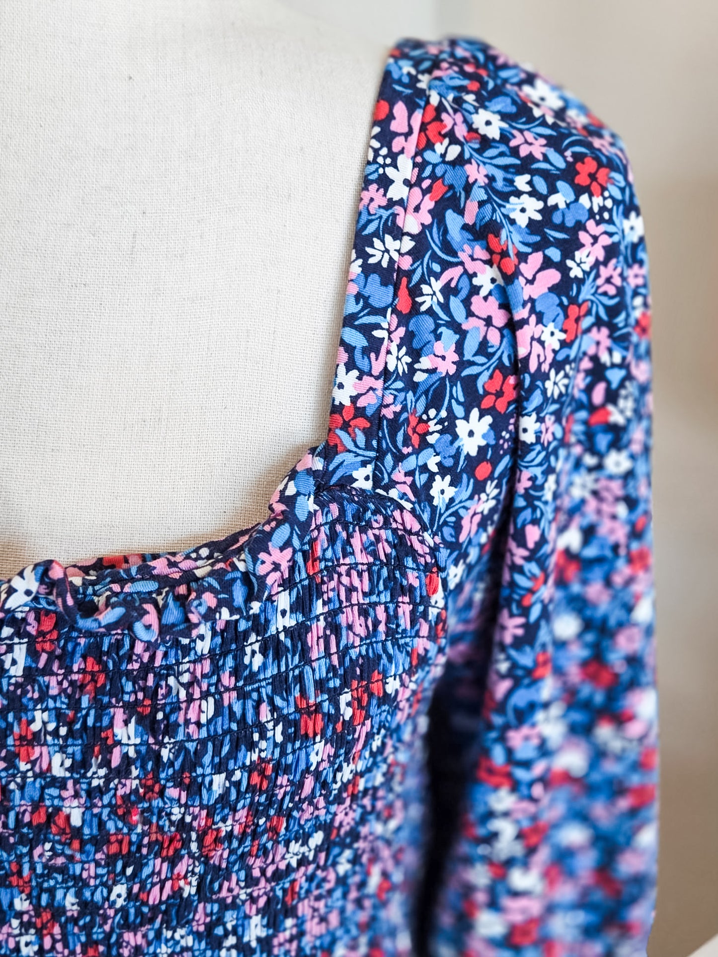 Blue Red Pink Floral Smocked Top M