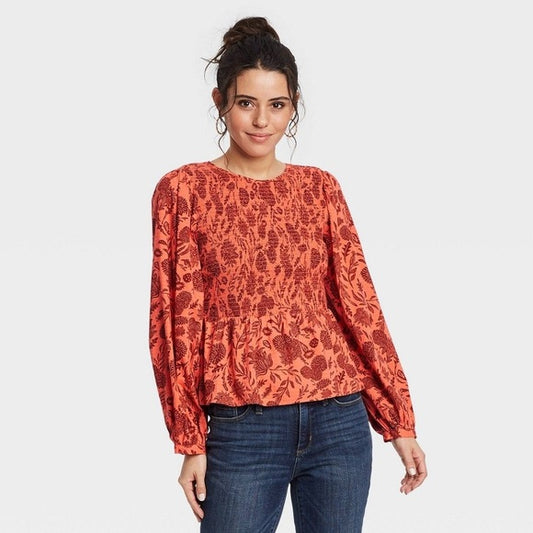 Orange Brown Smocked Floral Top XL