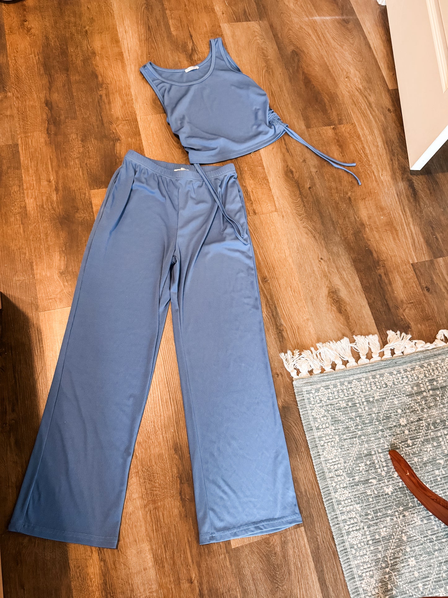 Blue Ribbed Crop Top+Pants Set