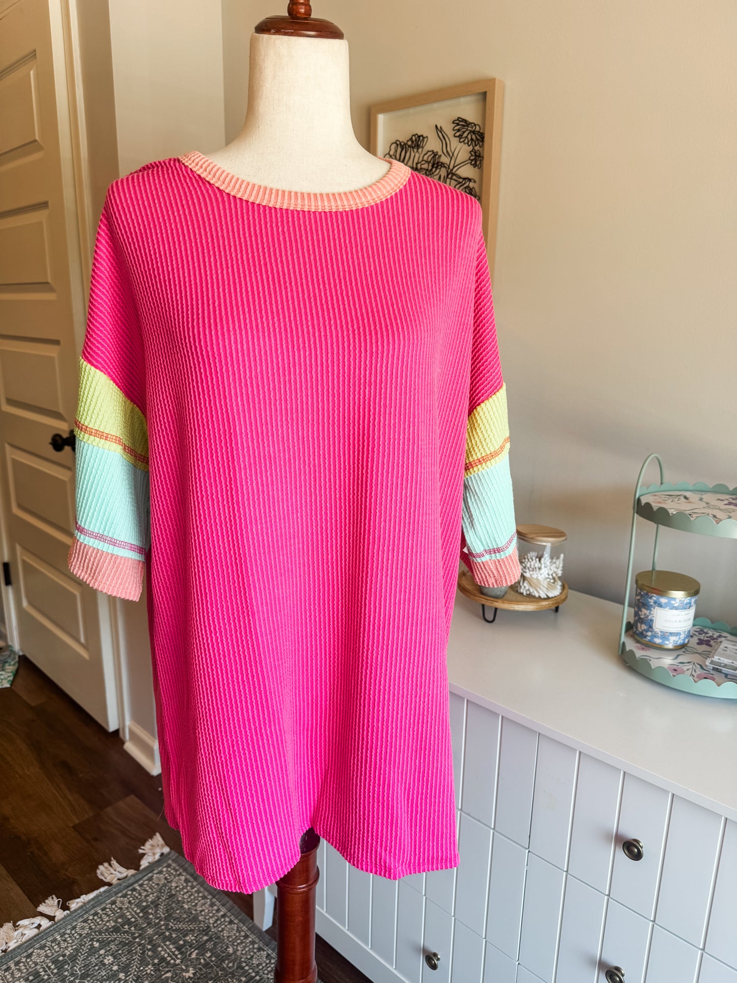 NEW Hot Pink Ribbed Colorful Sleeve Top