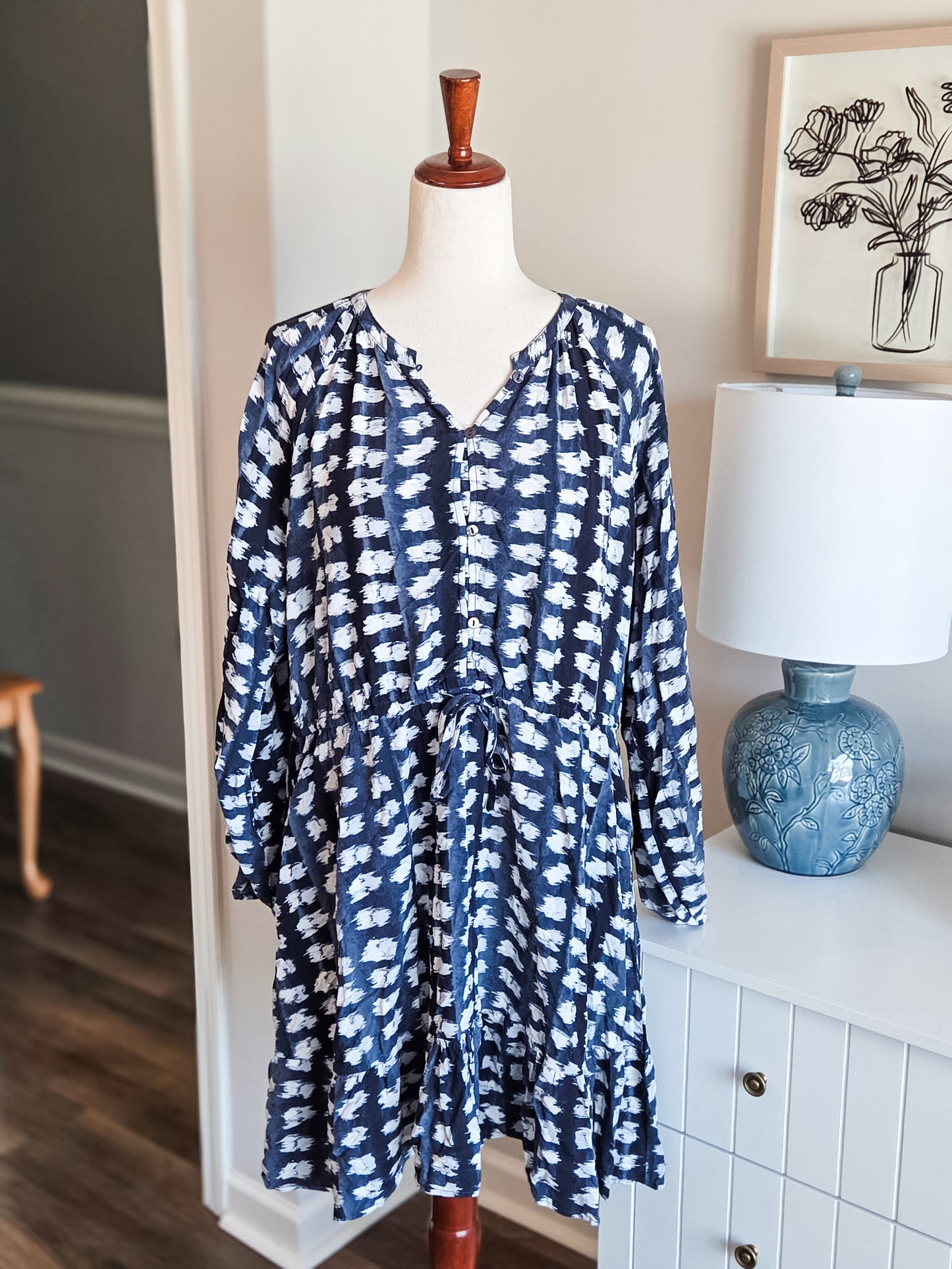 Navy White Print Dress XL