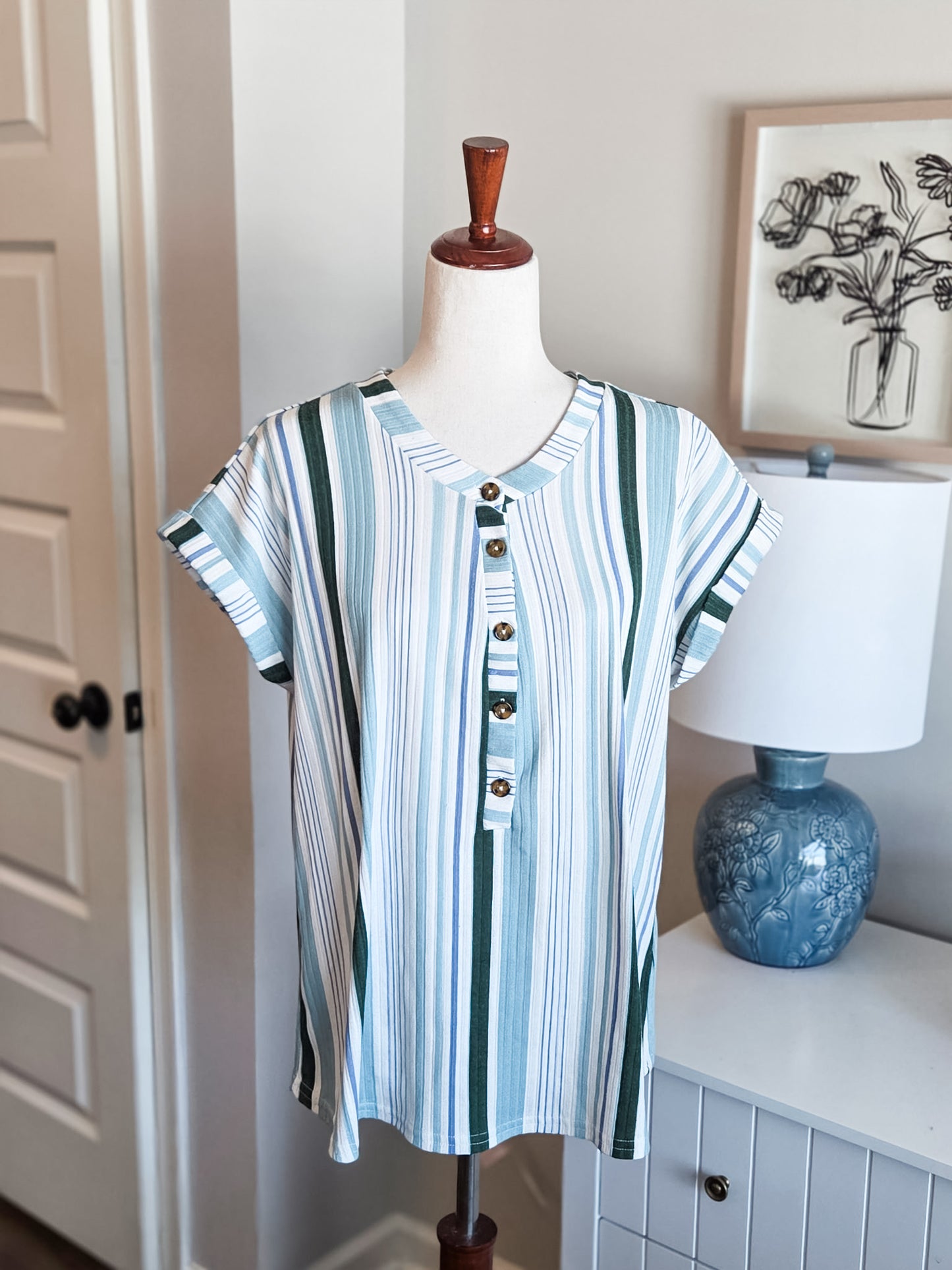 Blue Green White Striped Top 1X
