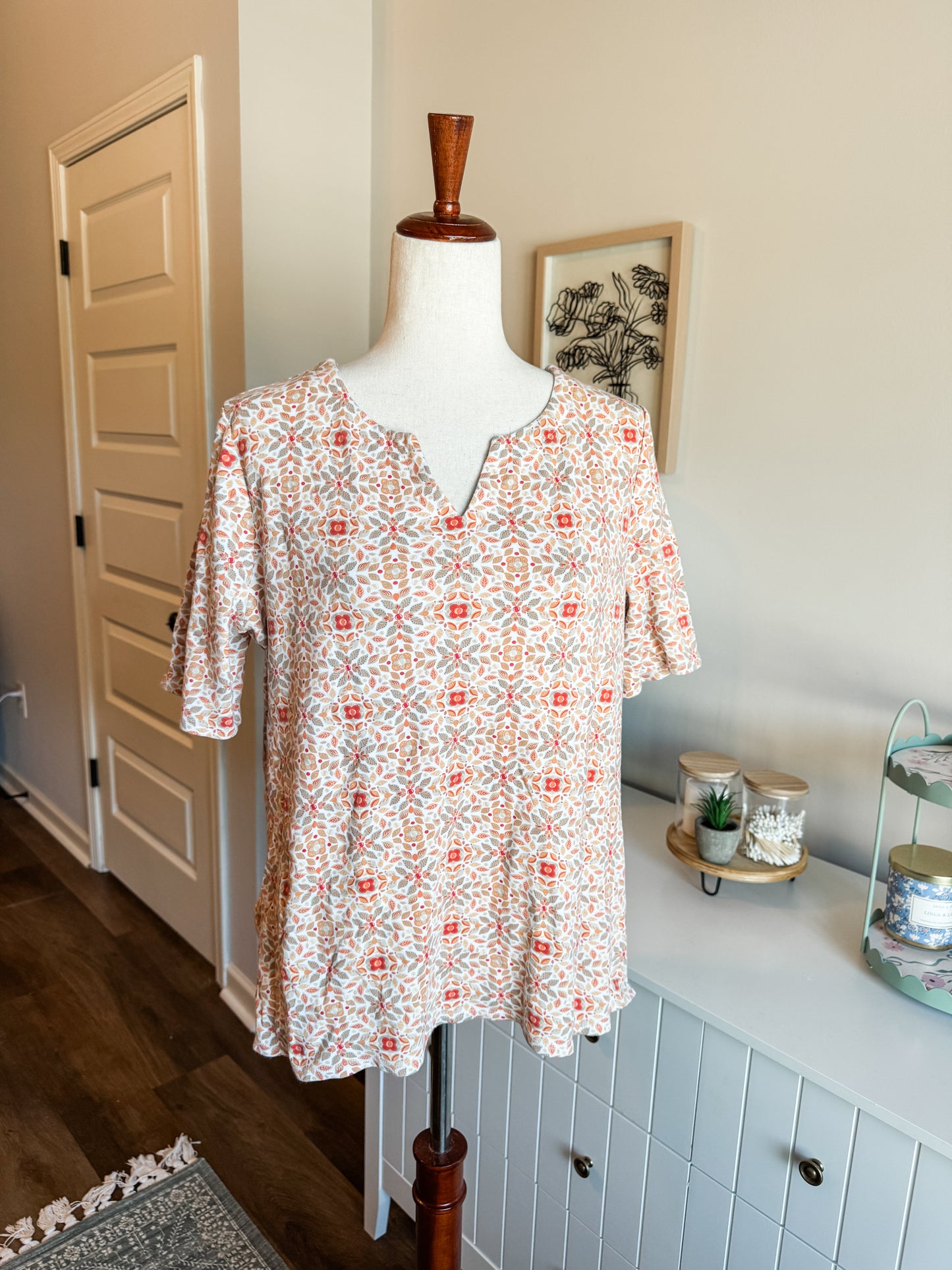 Orange Tan White Print Top XL
