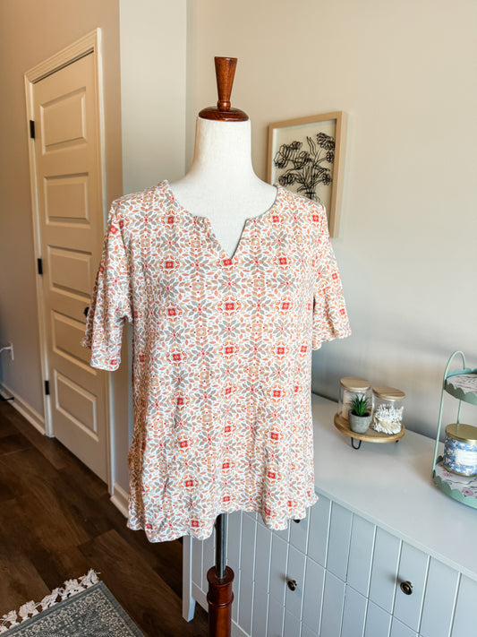 Orange Tan White Print Top XL