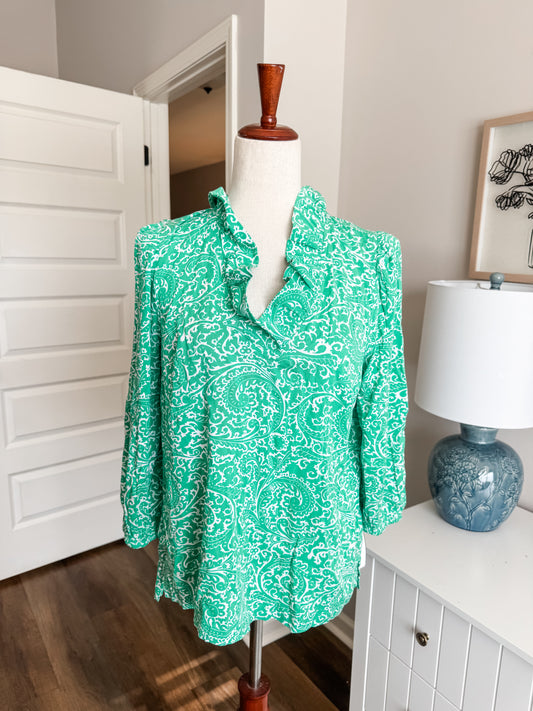 Green White Print Blouse S