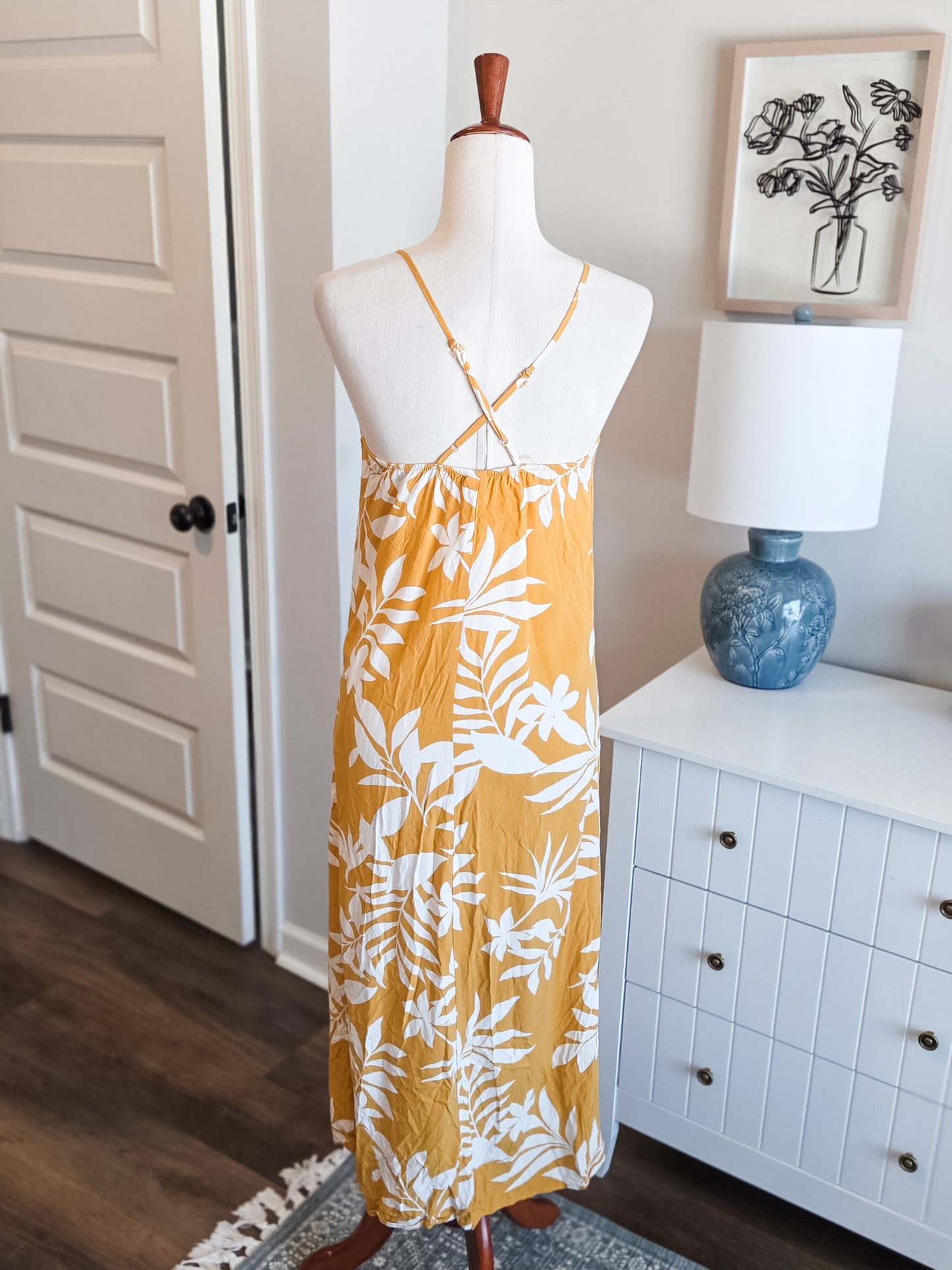 Yellow White Print Dress XS