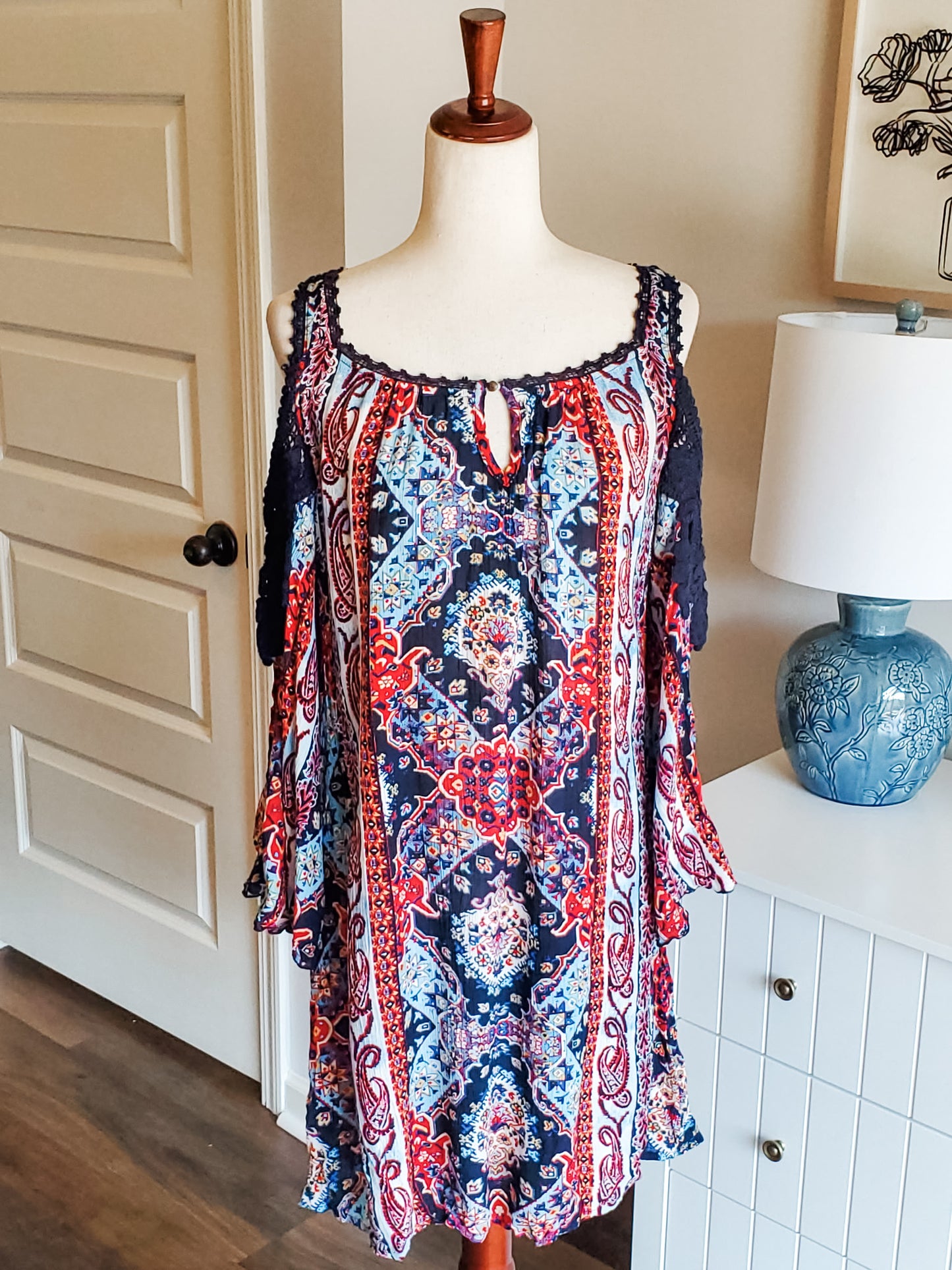 Navy Red Print Cold Shoulder Dress M