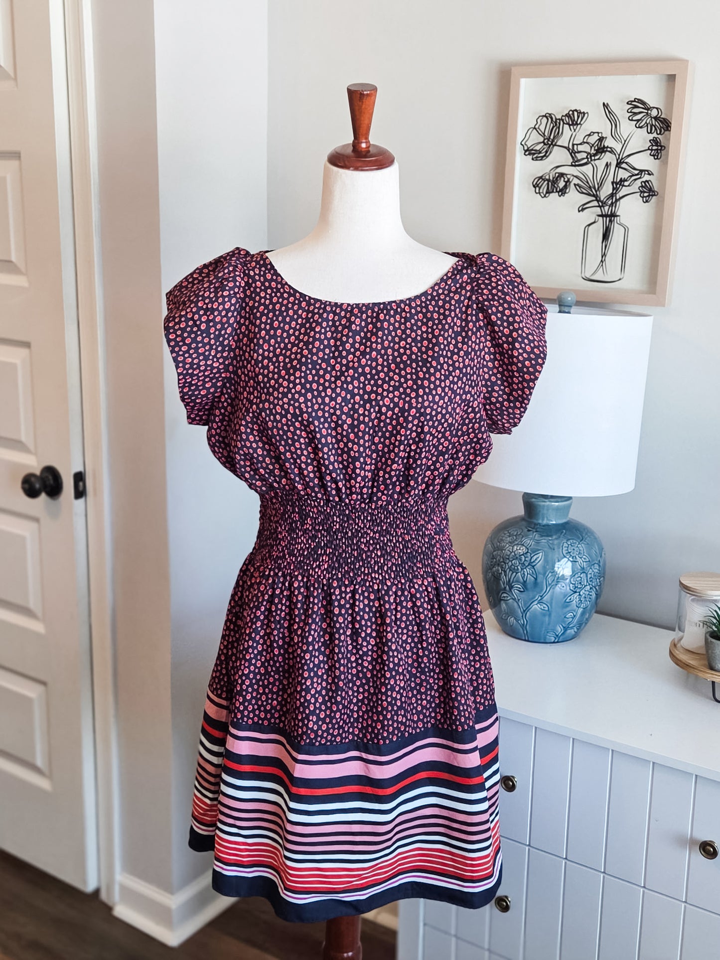 Burgundy Pink Blue Dotted/Striped Dress M