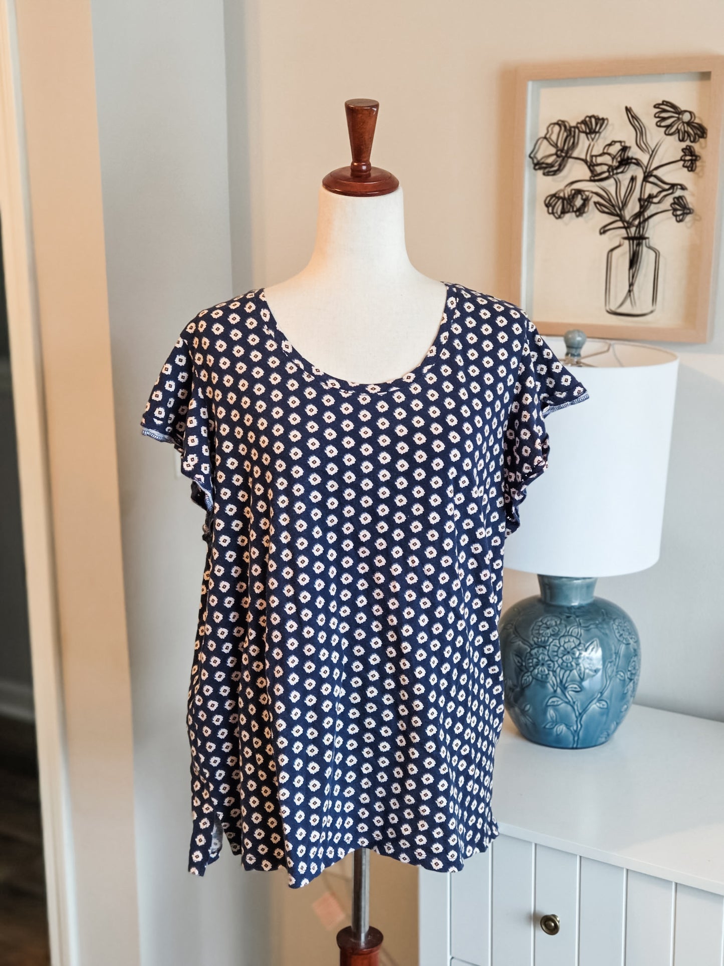 Navy Orange White Print Cotton Top XXL