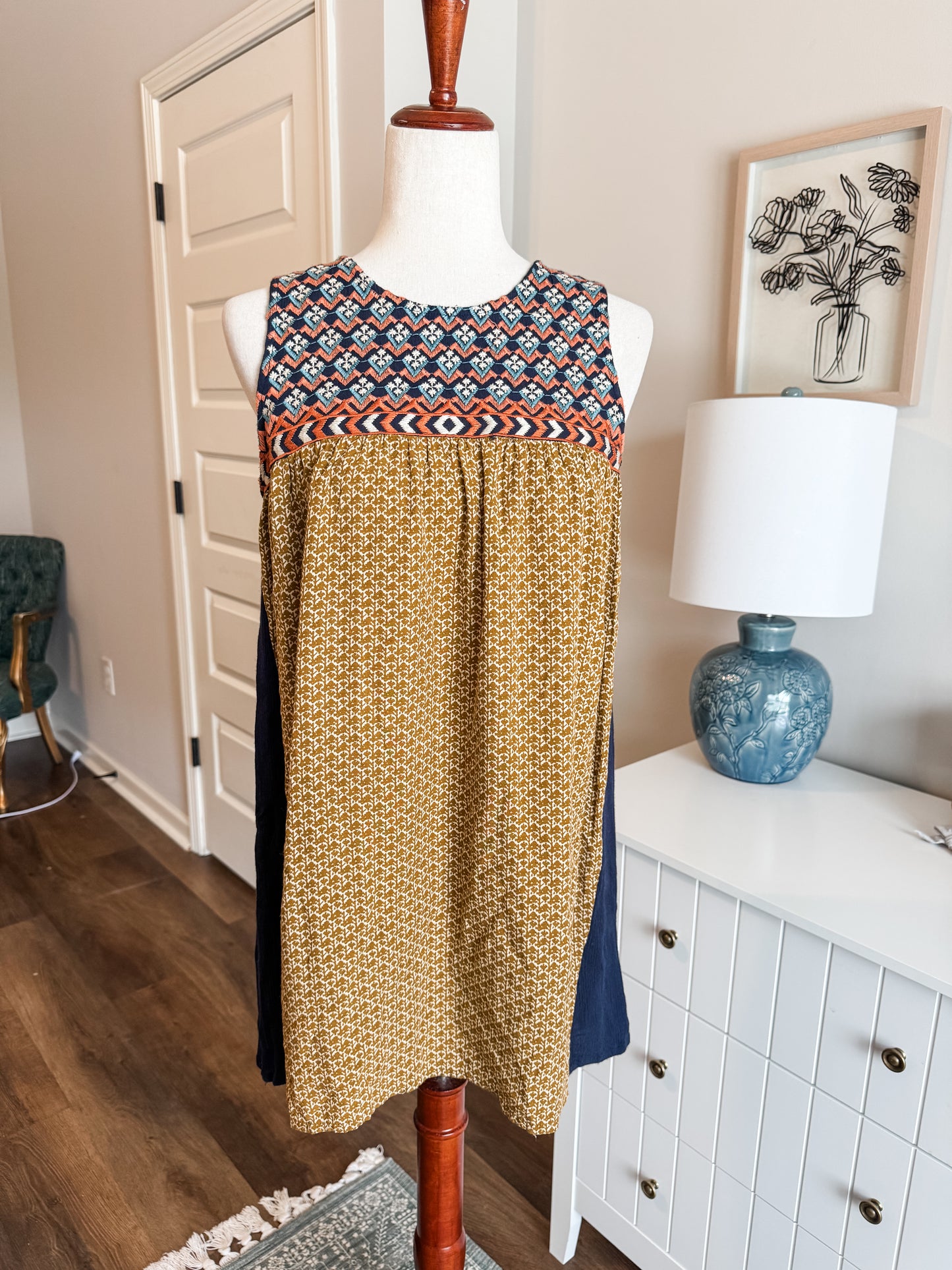 Navy Mustard Embroidered Tunic S