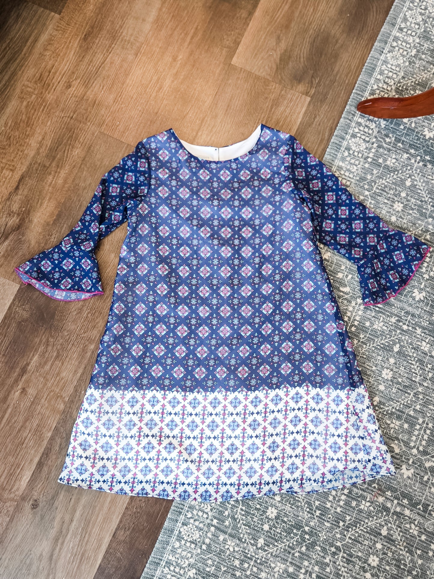 Navy Pink Aqua Print Dress Youth 8