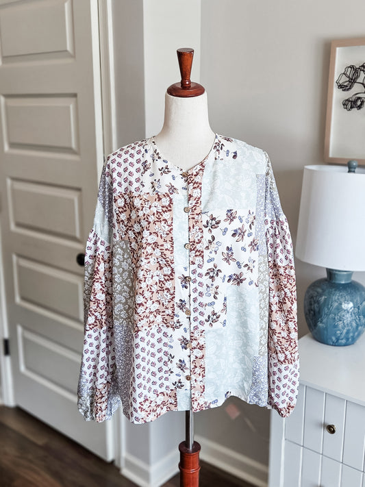 Tan Green Blue Patchwork Button Up S