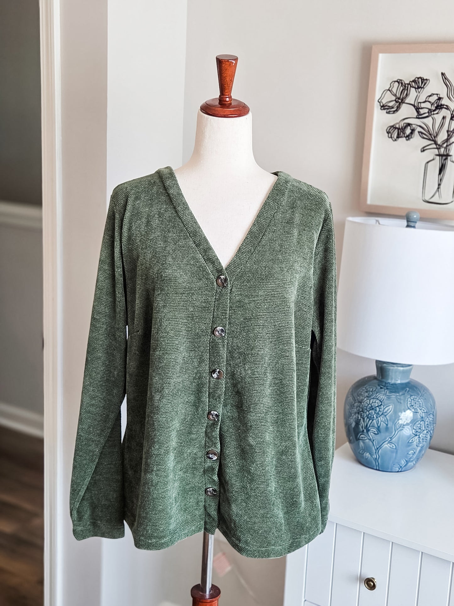 Green Textured Button Up 1X