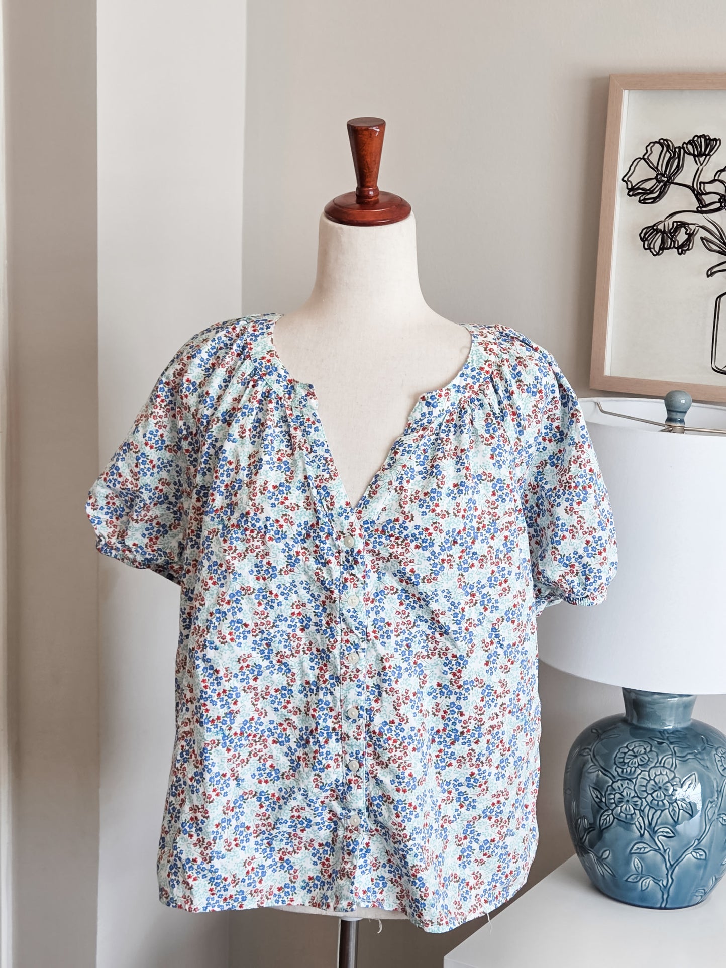 Blue Red Floral Button Up PM