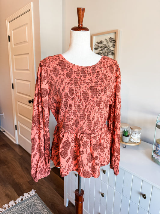 Orange Brown Smocked Floral Top XL