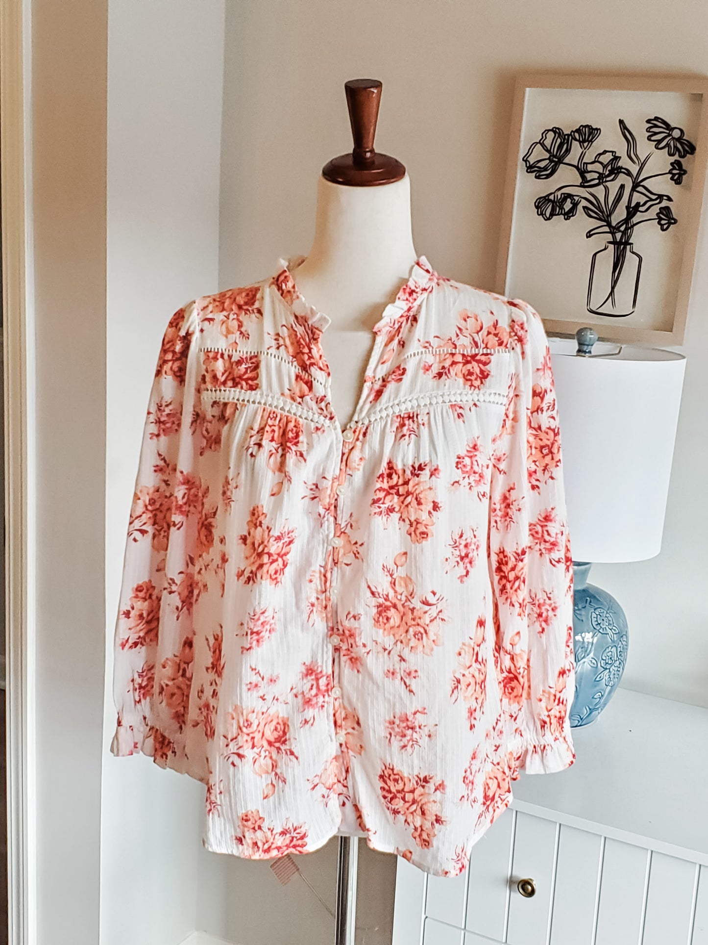 White Pink Floral Cotton Top S