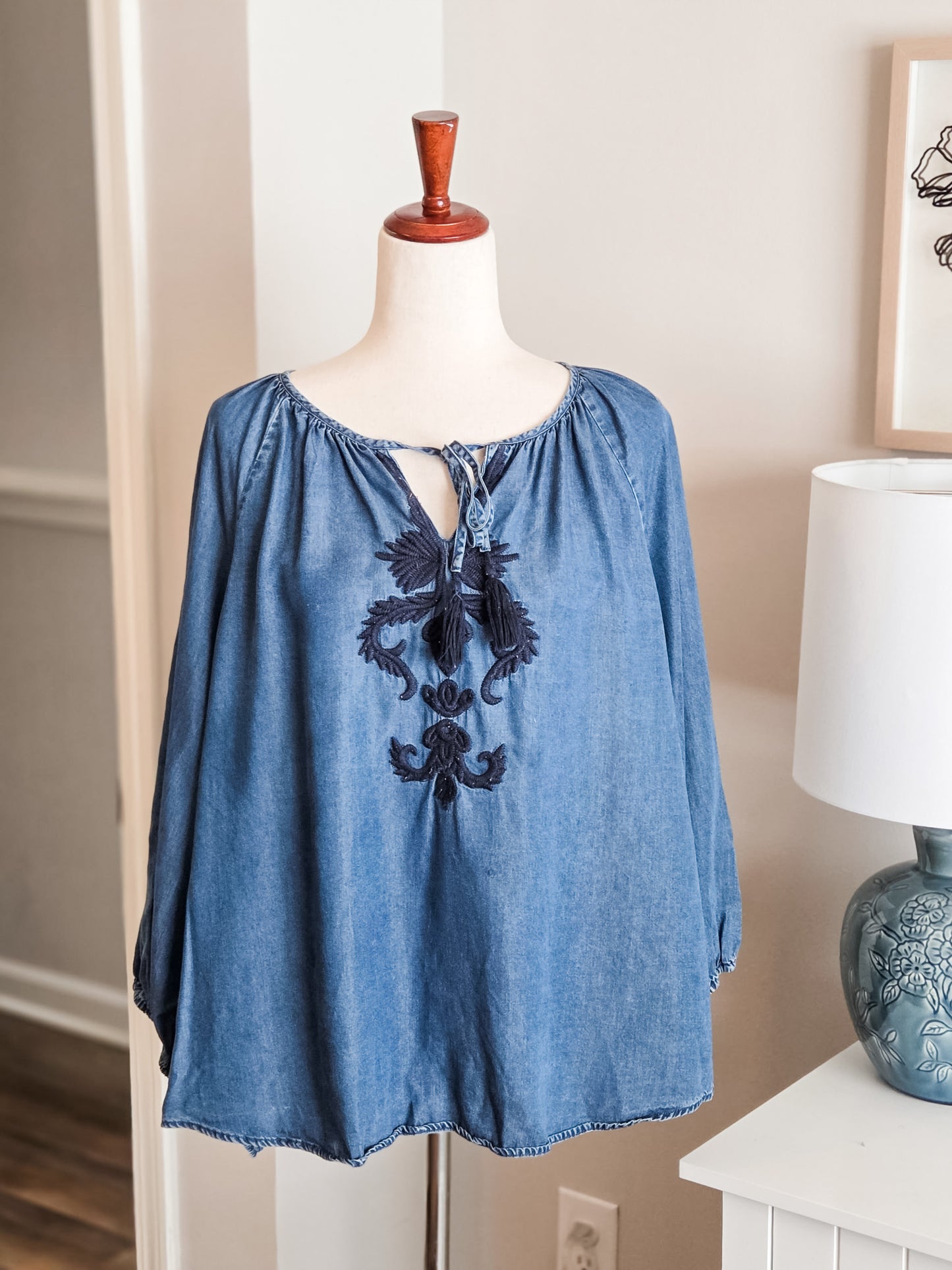 Denim Embroidered Top 2X