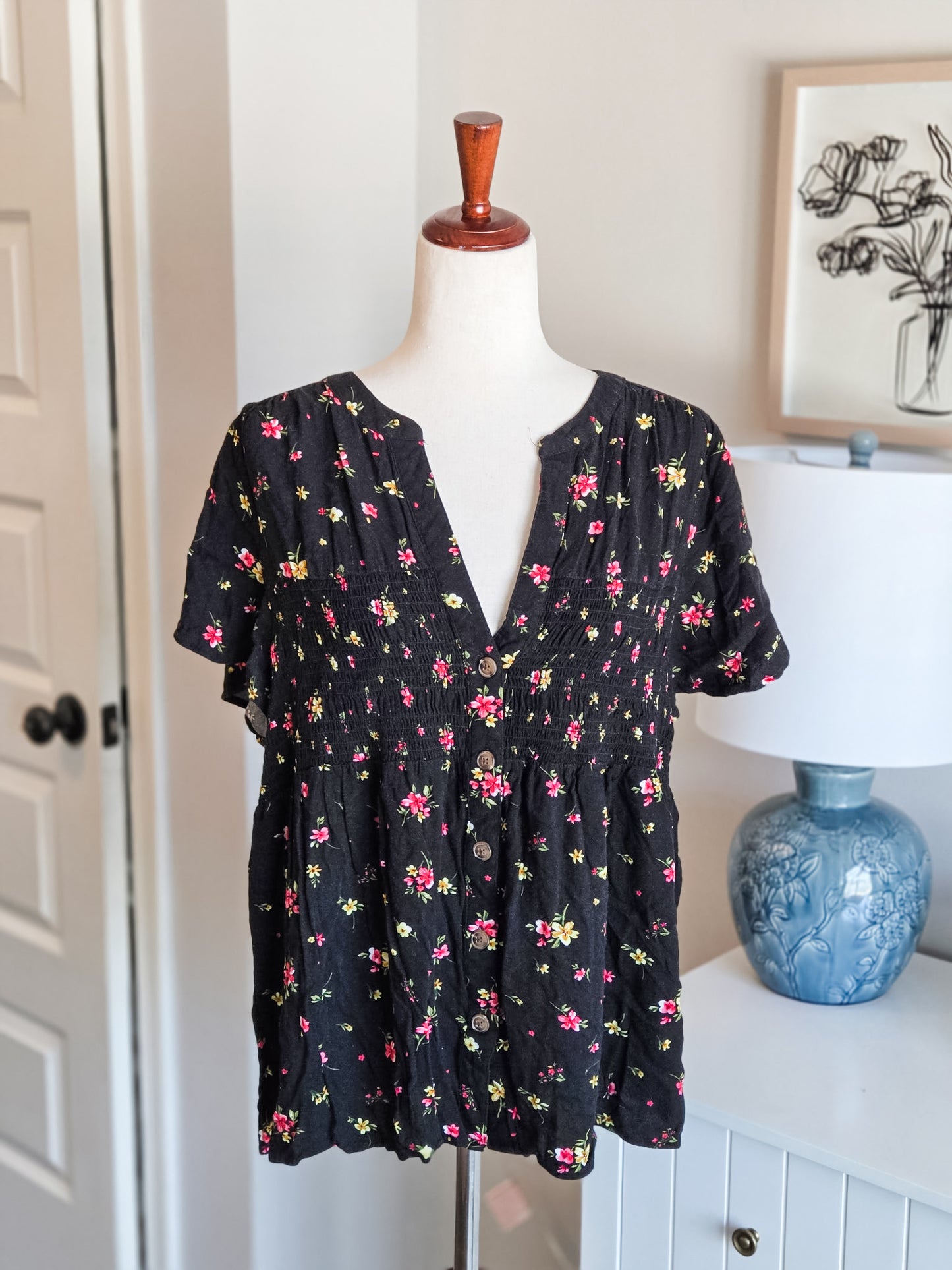 Black Pink Yellow Floral Top 1X