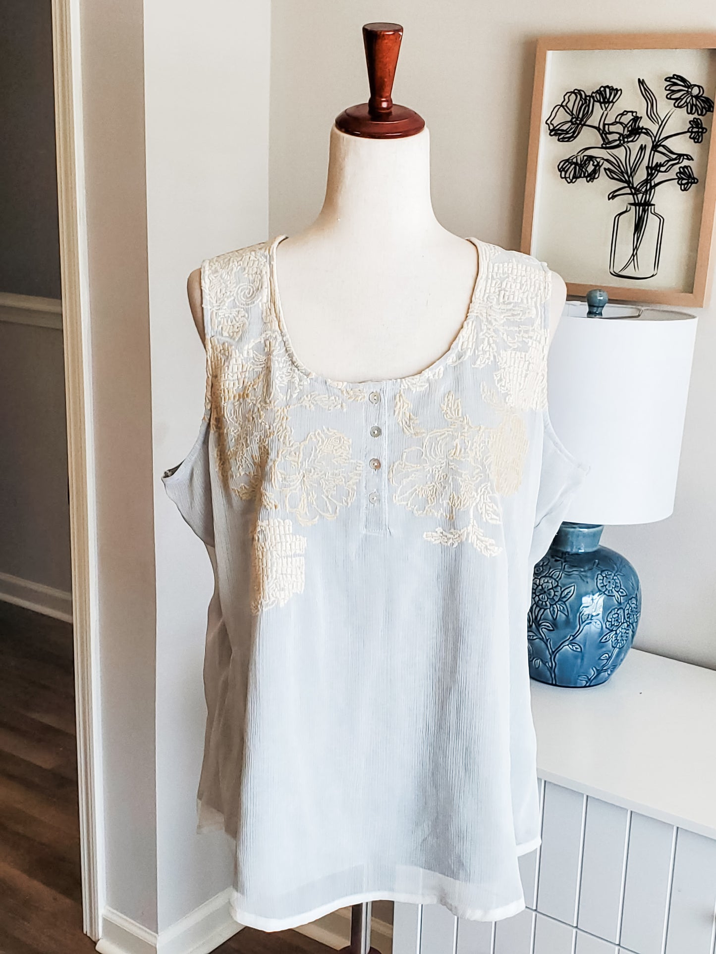 Gray Cream Embroidered Tank PXL