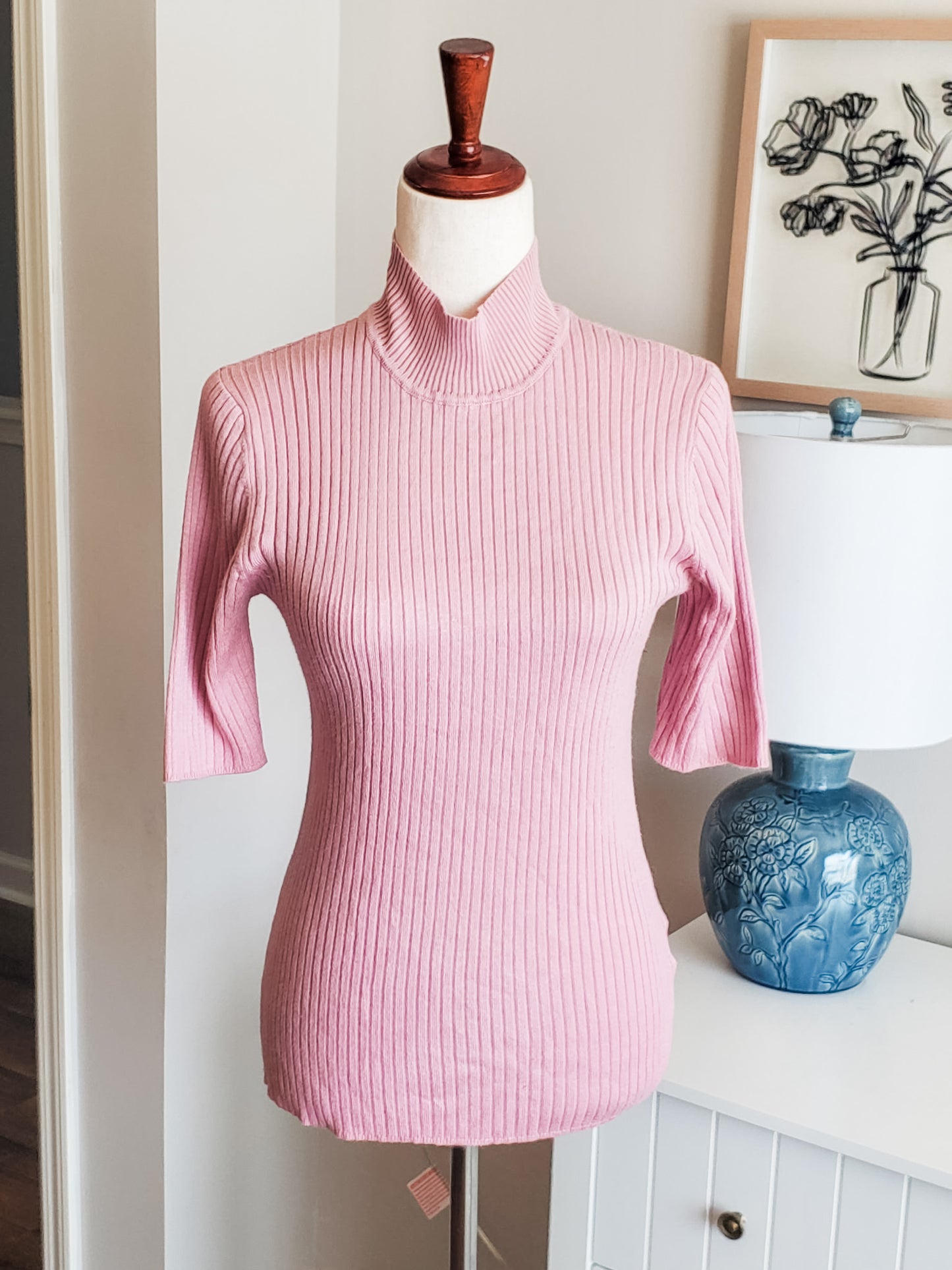 Pink Ribbed Short Sleeve Sweater M