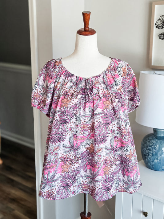 Pink Orange Black Print Top 3X