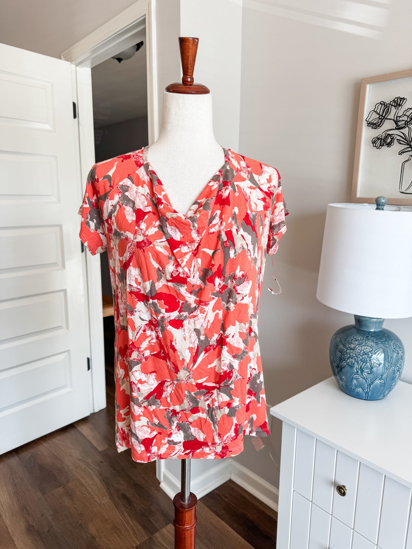 Orange Gray Red Print Top M