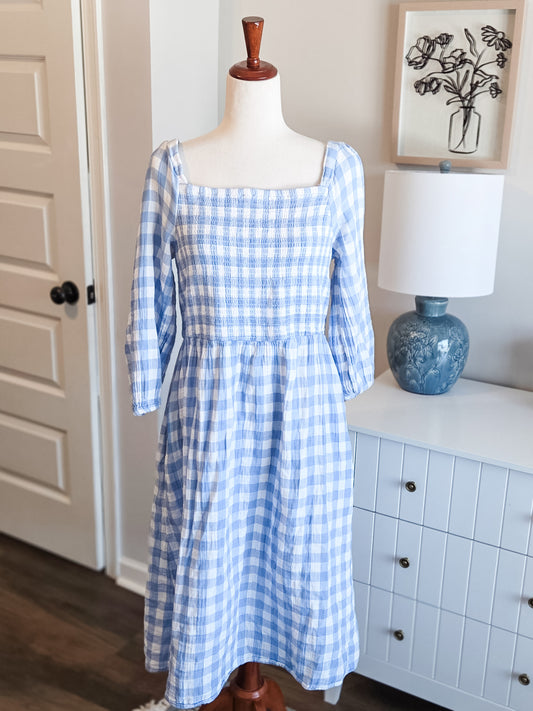 Blue White Cotton Gingham Dress L