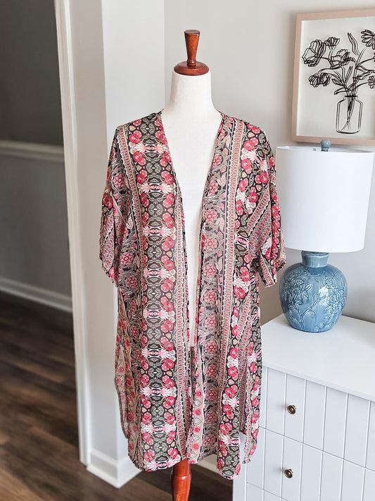 Black Red Green Brown Floral Kimono M