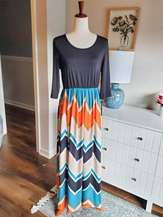 Black Teal Orange Chevron Maxi Dress M