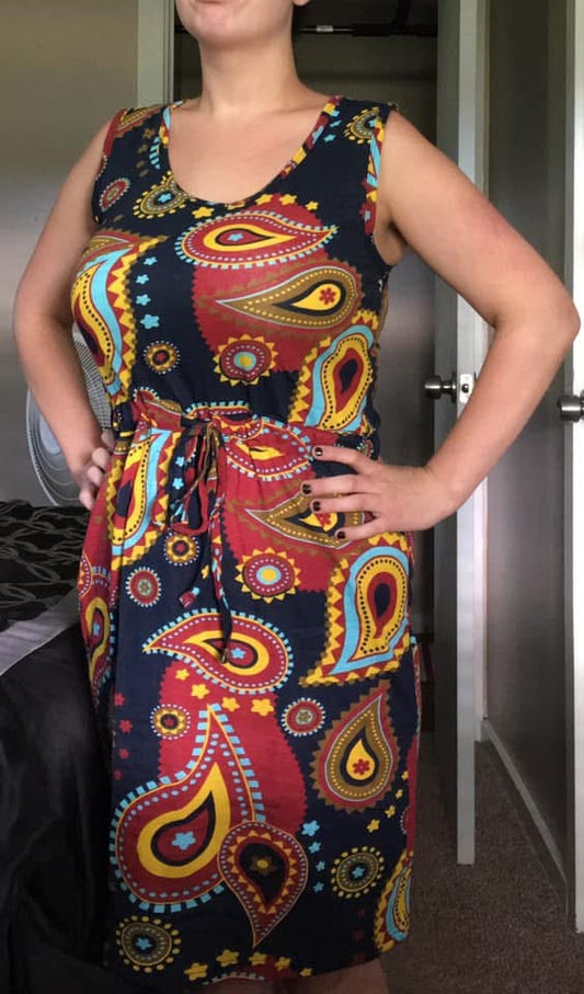 Navy Yellow Red Print Dress L