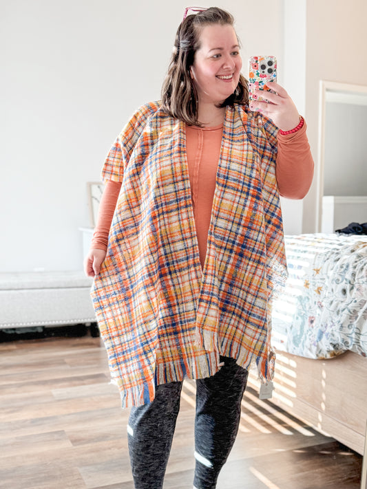 Orange Blue Yellow Plaid Poncho