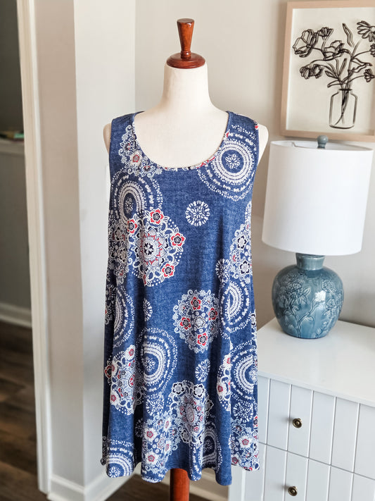Blue Red White Print Dress M