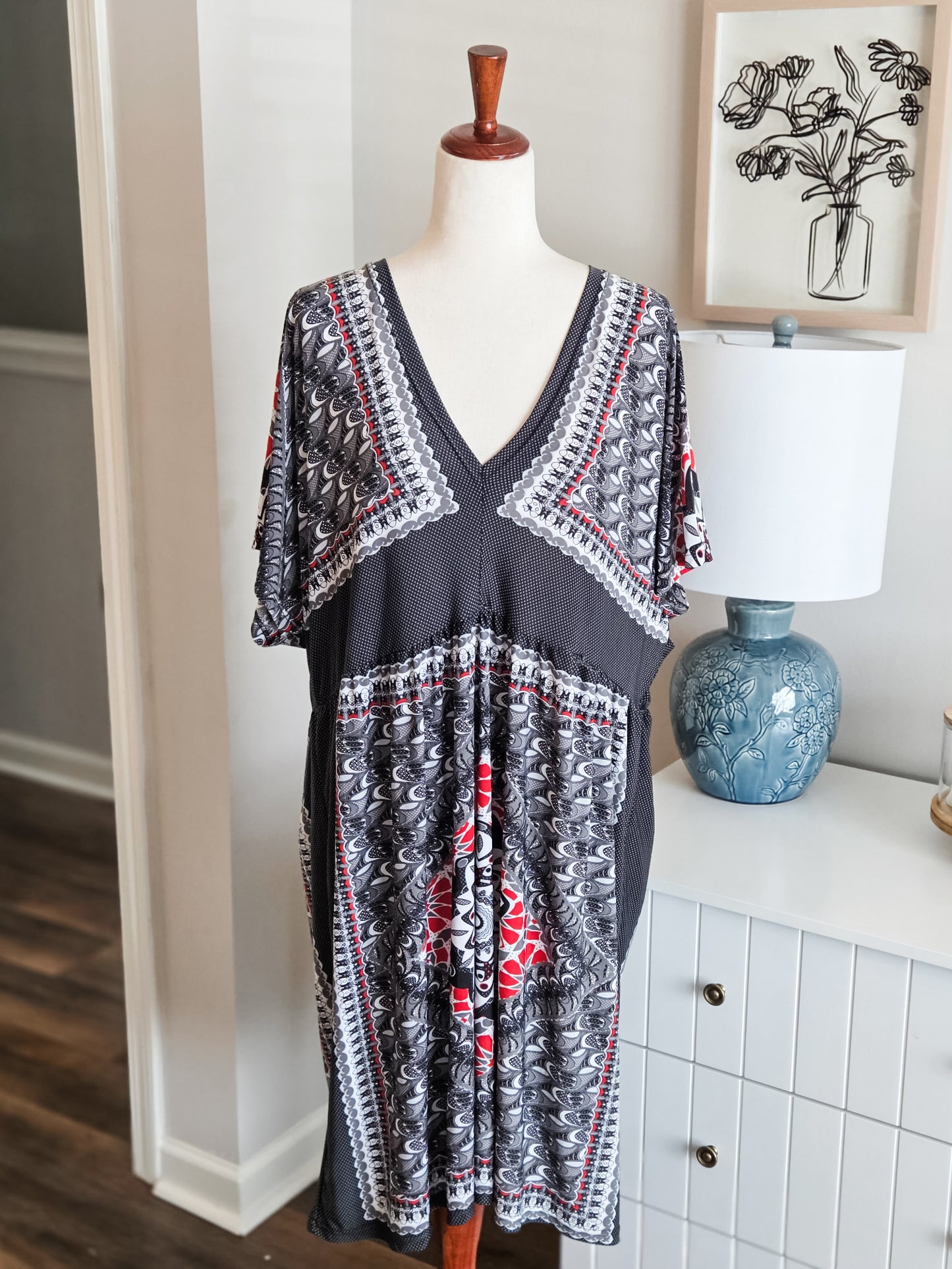 Black Red Gray Print Dress 2-3X