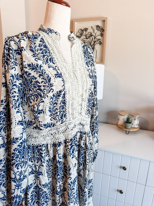 Navy Cream Print Maxi Dress L/XL