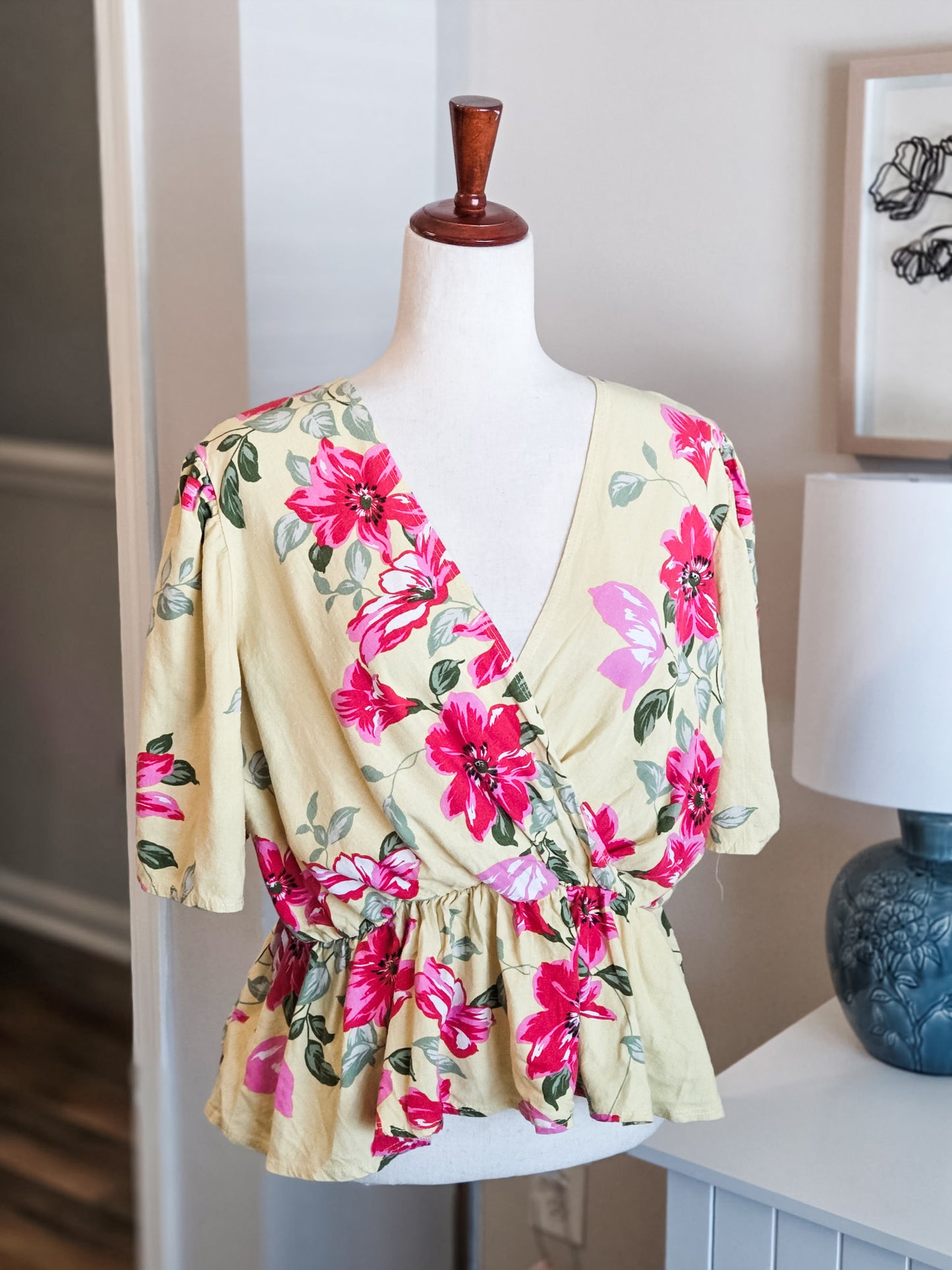 Yellow Floral V Neck Top L