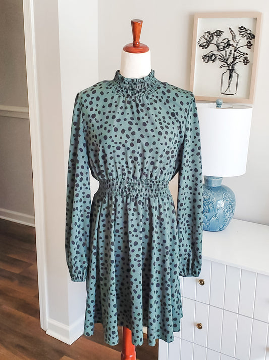 Green Black Print Dress M