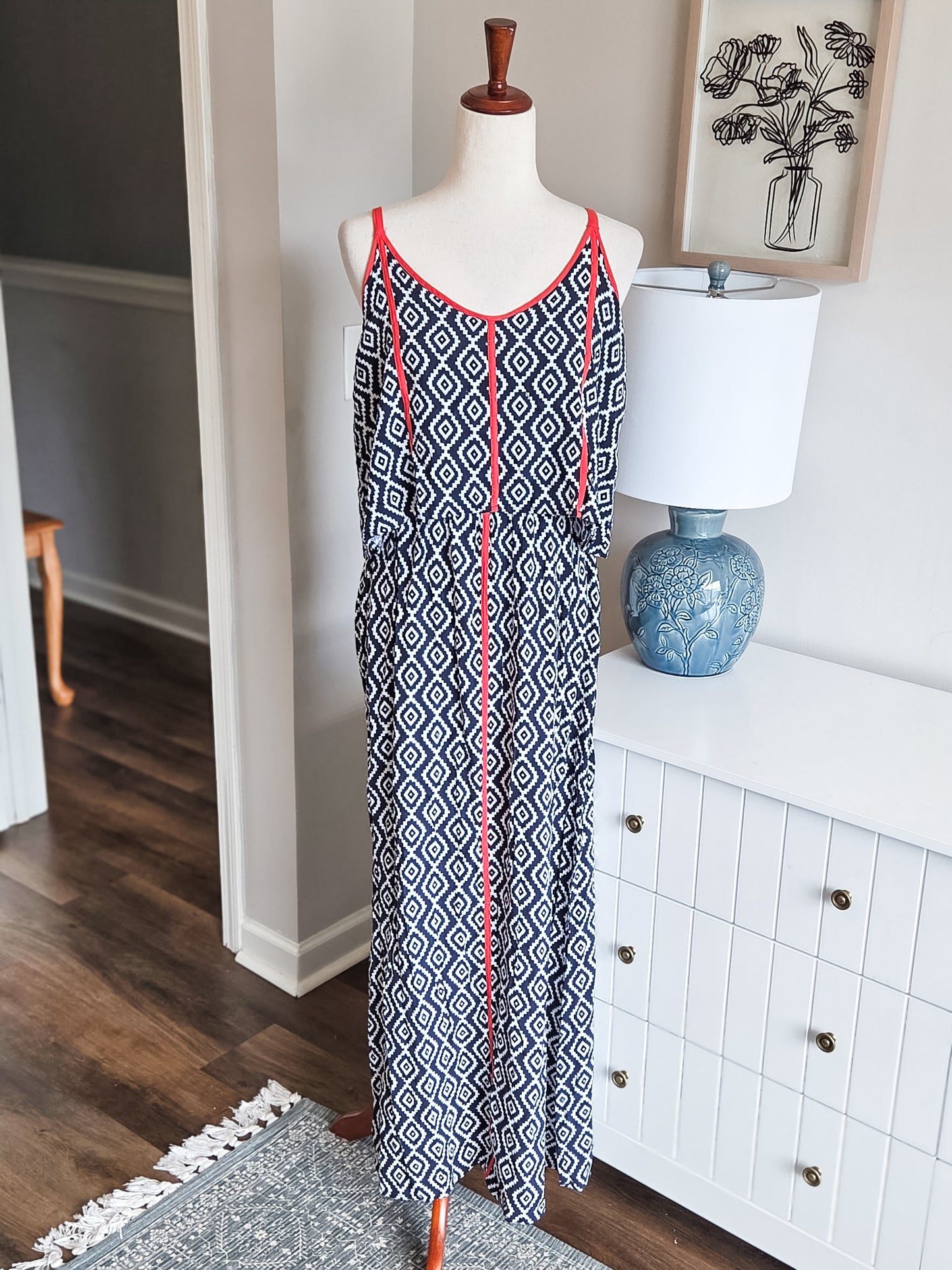 Navy Red White Maxi Dress M