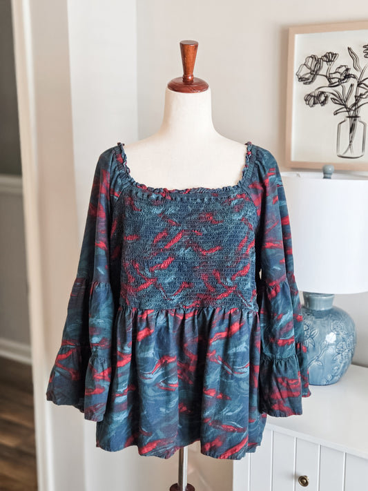Teal Rust Navy Print Top 2X
