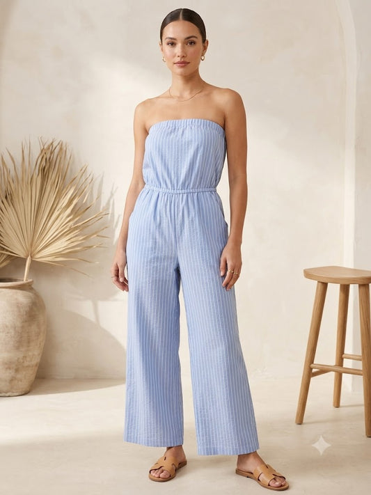 Blue Cotton Strapless Jumpsuit M