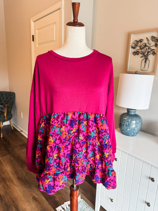 NEW Fuchsia Top with Print Hem L