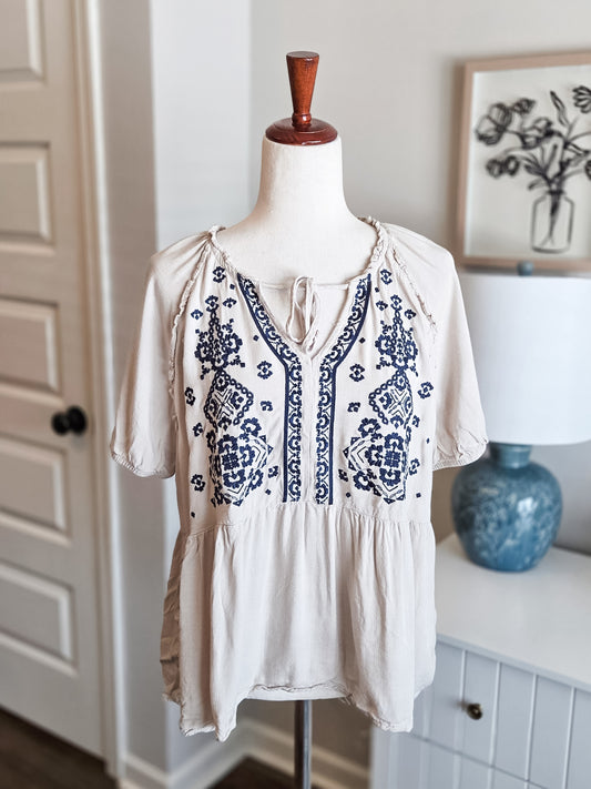 Tan Navy Embroidered Top XL