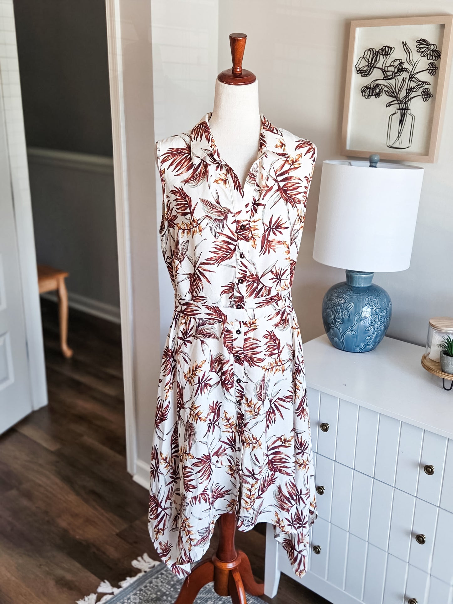 Cream Brown Green Leaf Print Dress M/L