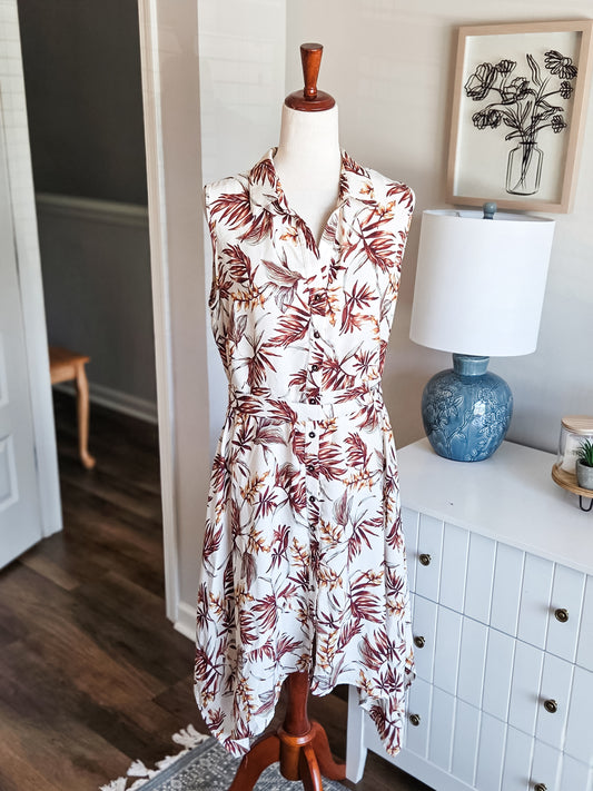 Cream Brown Green Leaf Print Dress M/L